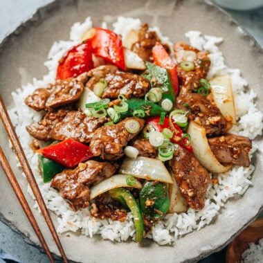 Chinese chicken liver, onion and pepper over rice