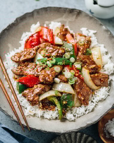Chinese chicken liver, onion and pepper over rice