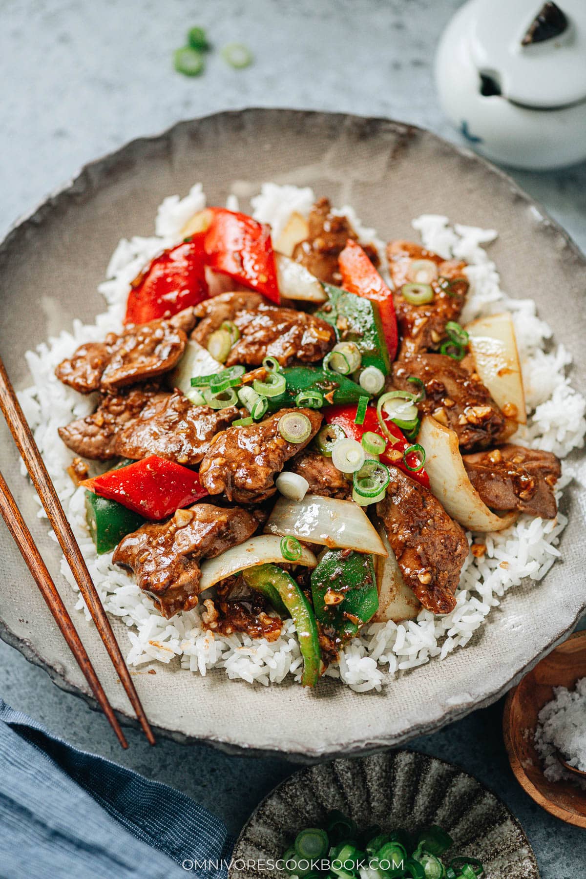Chinese chicken liver, onion and pepper over rice