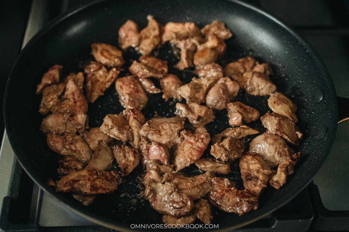 Searing chicken liver in a pan