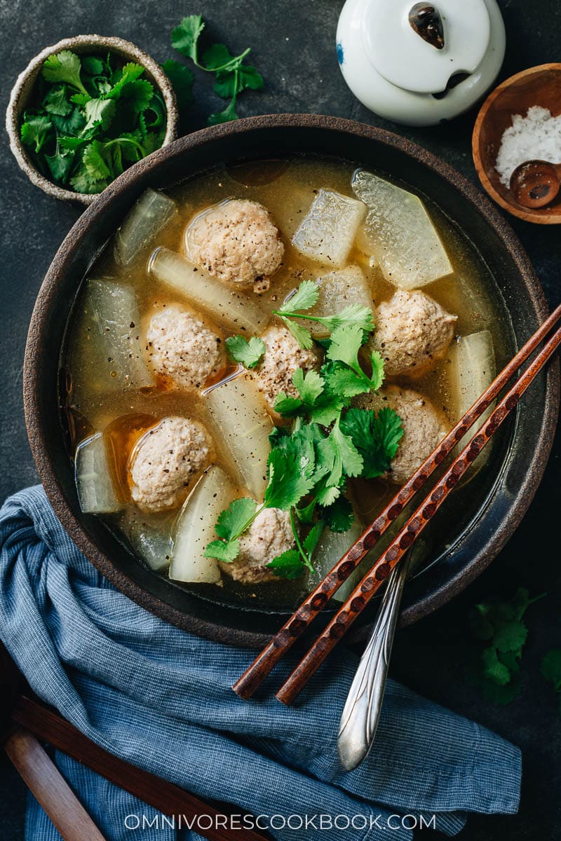 Homemade winter melon soup with meatballs