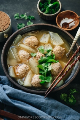 Winter melon soup with meatballs close-up