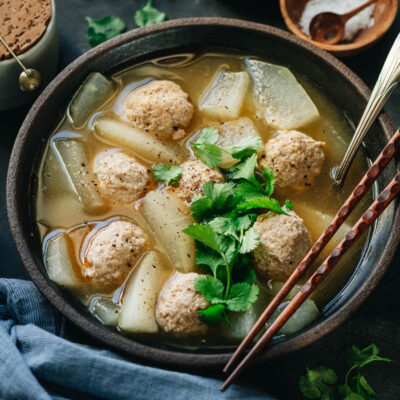 Winter melon soup with meatballs close-up