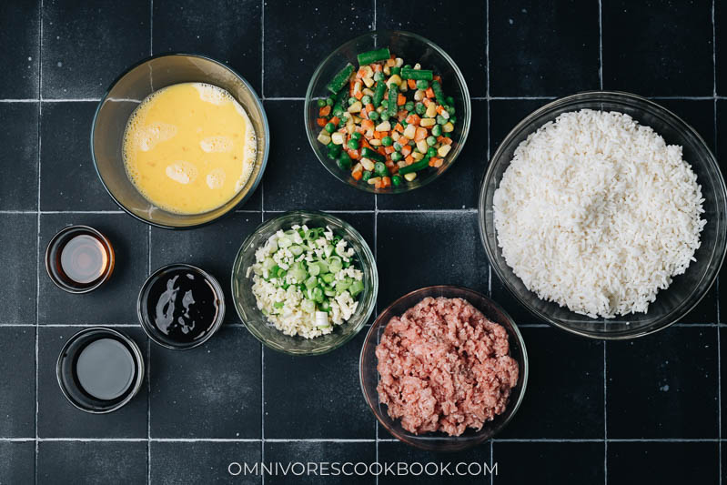 Ingredients for making pork fried rice