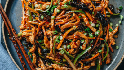 Shredded pork with garlic sauce on a plate