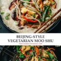 A Northern Chinese style vegetarian moo shu that uses colorful crunchy vegetables and scrambled eggs to create the best texture, served on a thin flour pancake brushed with a savory sweet sauce. It is very easy to put together and extremely satisfying to eat. Serve it as a main course for the best vegetarian dinner! {Vegetarian}