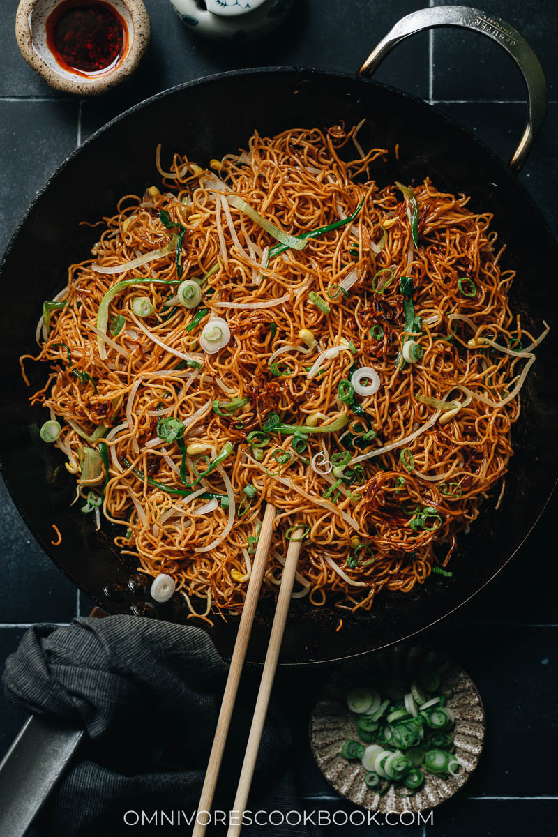 Soy sauce pan fried noodles in a skillet