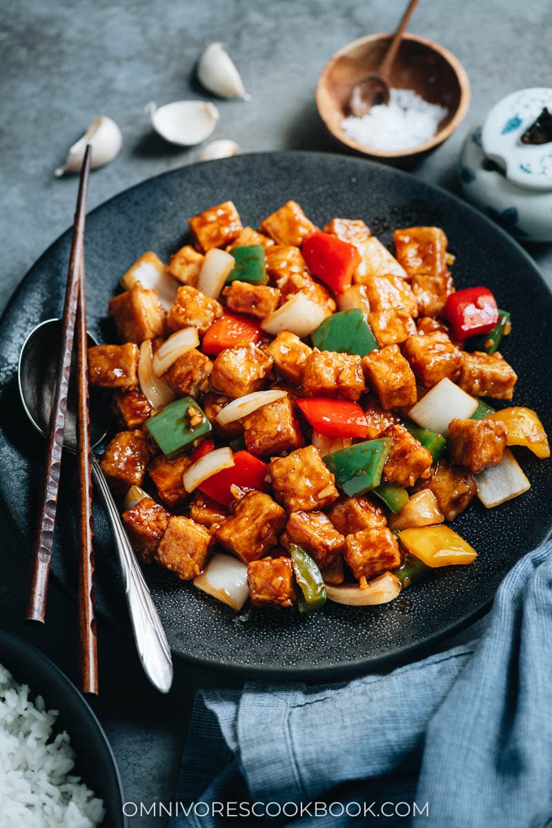 Take-out style crispy tofu with pepper and onion in sticky sauce