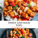 Extra crispy sweet and sour tofu served with crunchy, colorful vegetables and a rich, sticky sauce makes a delicious Chinese dinner! The result is so good that you won’t want to order takeout again. {Vegetarian, Vegan, Gluten-Free Adoptable}