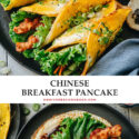 Ji Dan Bing, or Chinese breakfast pancake, is a thin flour pancake cooked with a slightly scrambled egg, green onion and sesame, brushed with a sweet savory sauce. Top it with lettuce, veggies or bacon so it contains all of your favorite breakfast items in one wrap! It’s easy to put together, super hearty to eat, and beautiful to the eye