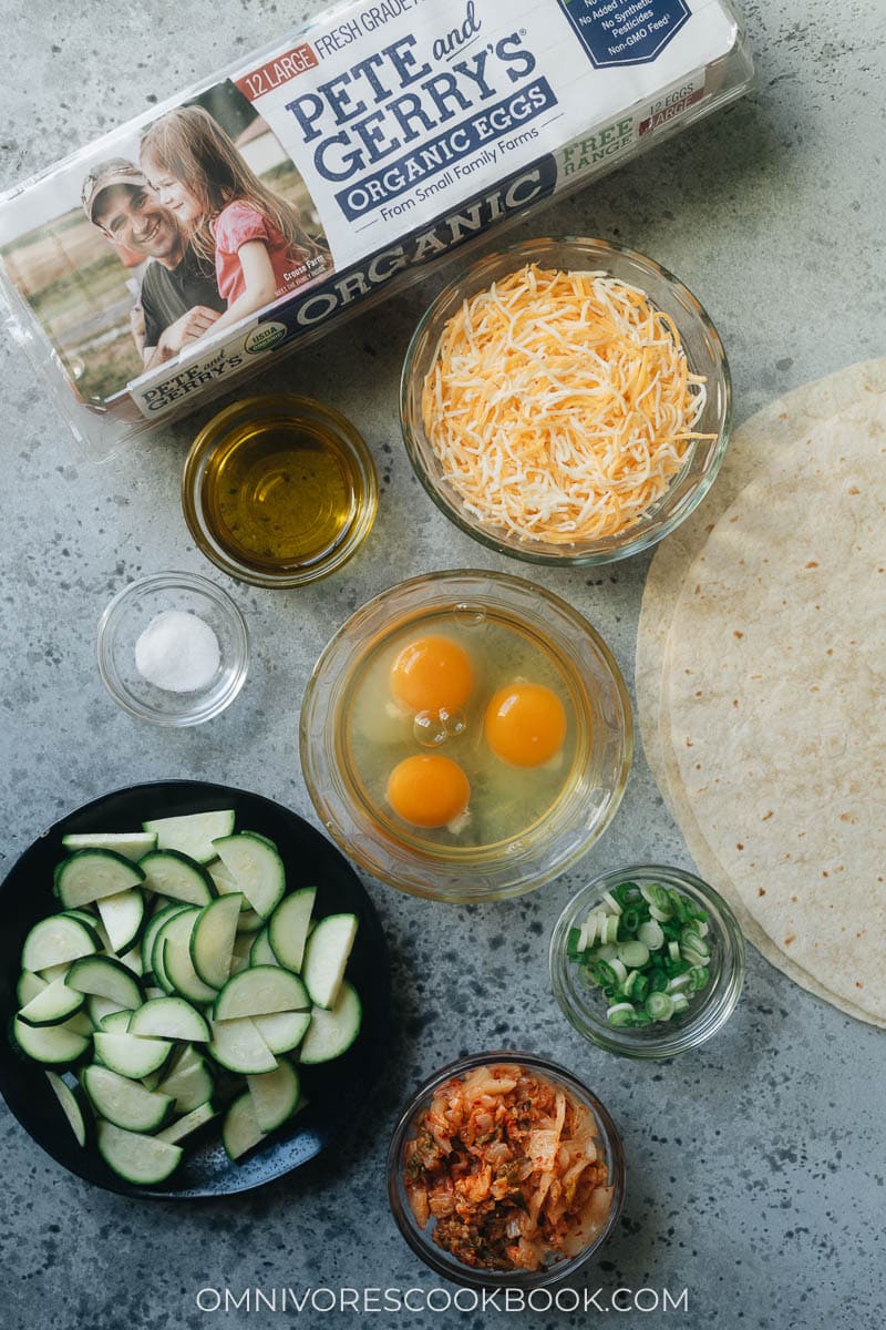 Ingredients for making egg and kimchi quesadilla