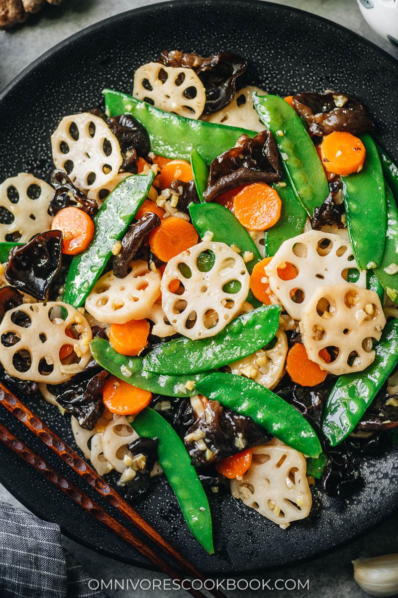 Cantonese lotus root stir fry close up