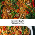 Introducing a super easy sheet pan chow mein recipe that features beautifully charred noodles loaded with colorful vegetables. It takes no time to put together, requires very little active cooking time, and the clean up is a breeze! {Vegetarian}