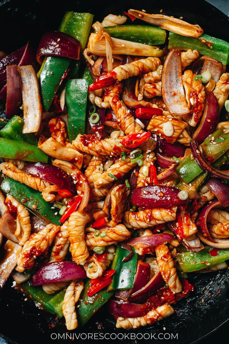 Chinese spicy squid stir fry close up