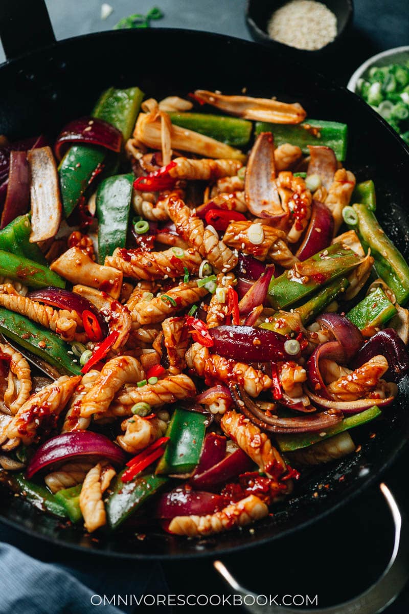 Stir fried squid with pepper and onion