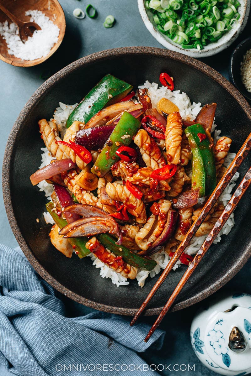 Stir fried spicy squid over steamed rice