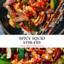 Spicy squid stir fry featuring tender juicy squid stir fried with onion and peppers in a super rich savory spicy sauce that’s loaded with aromatics. Serve this over steamed rice for a colorful delicious dinner!