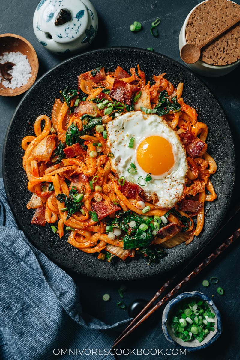 Kimchi fried udon with bacon and sunny side up egg
