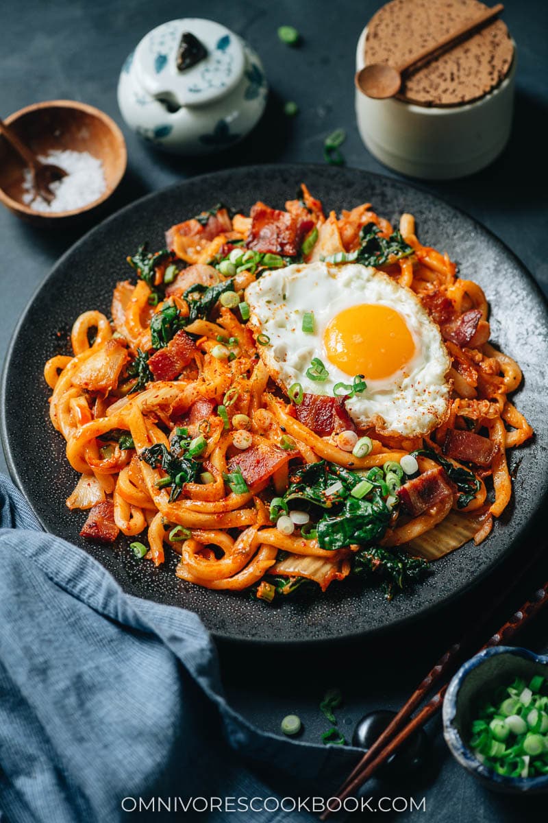 Kimchi fried udon with bacon and kale
