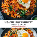 Super quick and easy bacon kimchi fried udon that uses less than ten ingredients to create a satisfying meal that’s loaded with flavor. The thick, chewy udon is stir fried with crispy bacon and tender kale and brought together with a spicy sauce. It’s a perfect one-pan meal for any time of day!