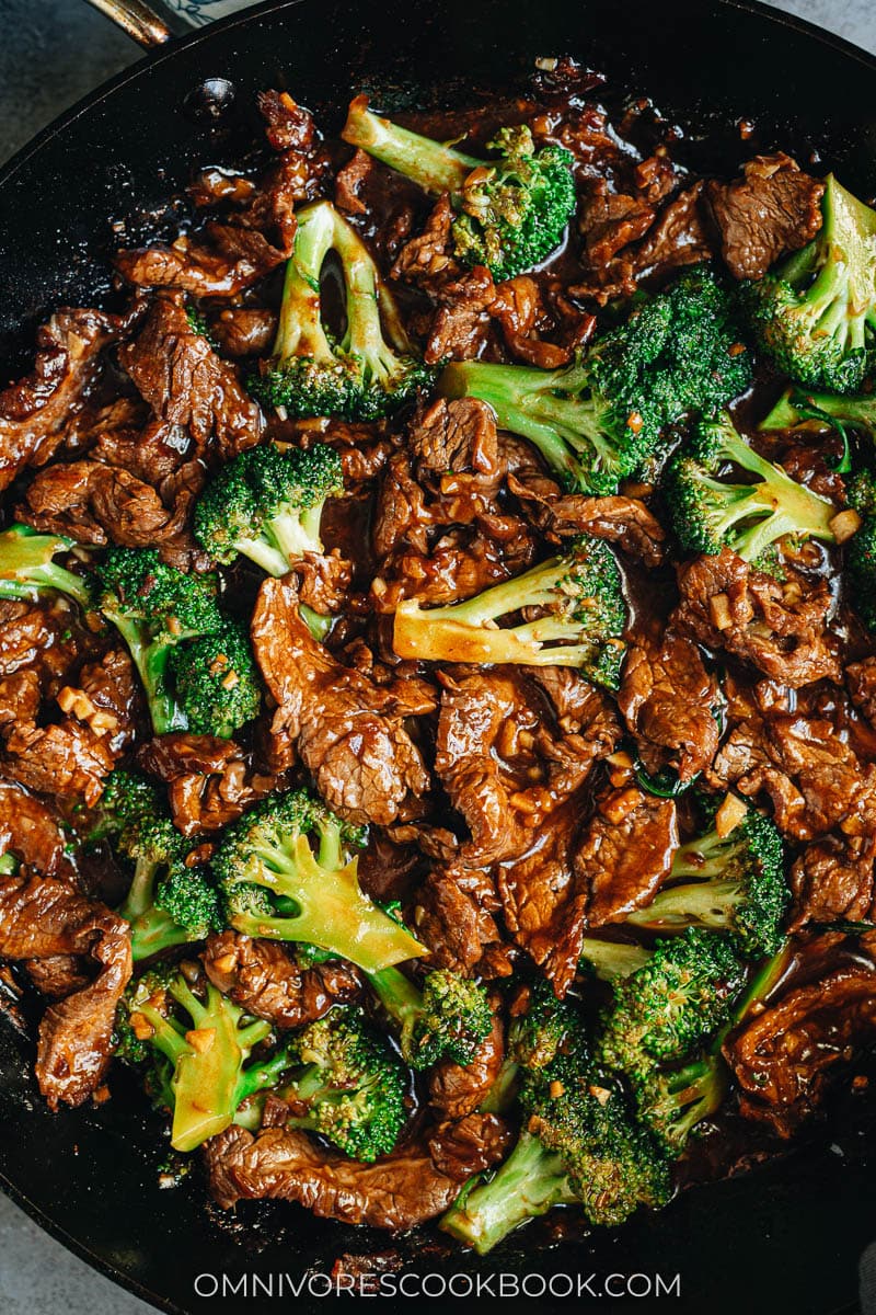 Beef and broccoli in a skillet close up
