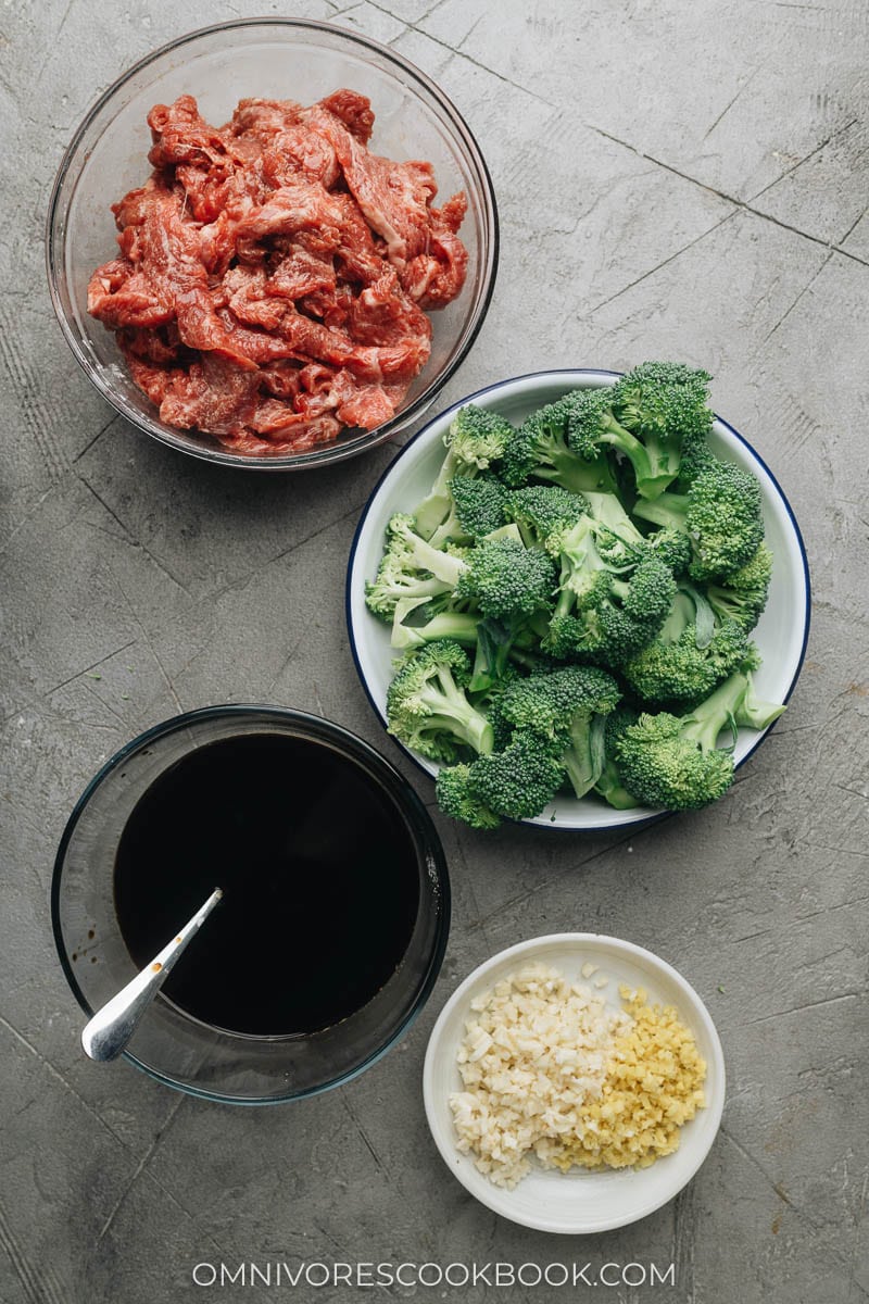 Ingredients for making beef and broccoli