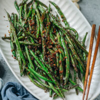 Chinese garlic green beans served on a platter
