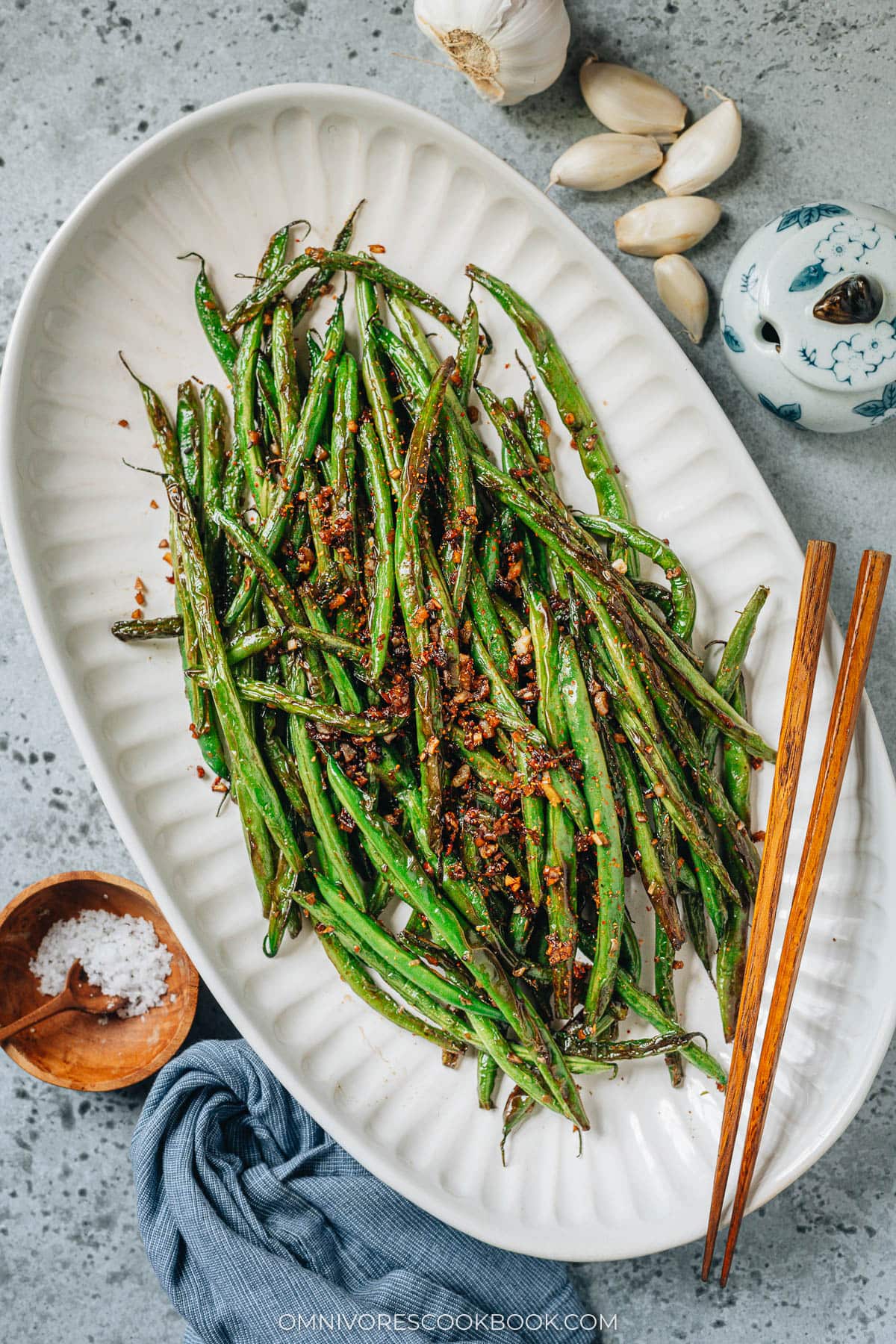 Chinese garlic green beans served on a platter