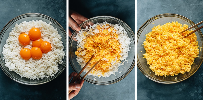 How to coat the rice with egg yolks