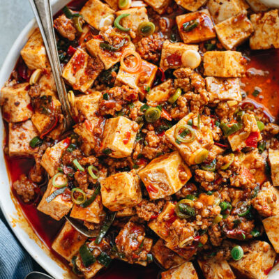 Homemade mapo tofu close up