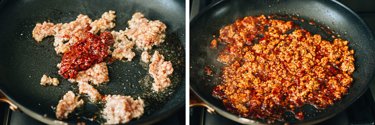 Cook aromatics and ground meat