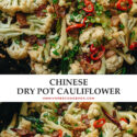 Chinese dry pot cauliflower features crispy cauliflower bites stir fried with bacon and chili peppers in an aromatic savory sauce. It is super easy and fast to put together, and it’s addictively tasty! {Gluten-Free Adaptable}