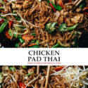 This homemade chicken pad thai is bursting with fresh, bright flavors and handily beats takeout. It’s quick and easy and is all about helping each ingredient shine and without any fish sauce! The toothy rice noodles combine with a sweet-sour-spicy sauce that is just irresistible. {Gluten-Free}