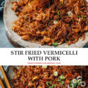 Ma Yi Shang Shu, or stir fried vermicelli with pork, is a perfect quick weekday dinner dish that is so flavorful yet easy to put together. A Sichuan classic, it features tender mung bean vermicelli noodles braised in a savory aromatic sauce with ground pork, spiced up with chili bean paste. All you need is 20 minutes to put it together - top it on a bowl of steamed rice for a great dinner! {Gluten-Free Adaptable}