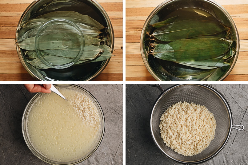 Soaking bamboo leaves and sticky rice