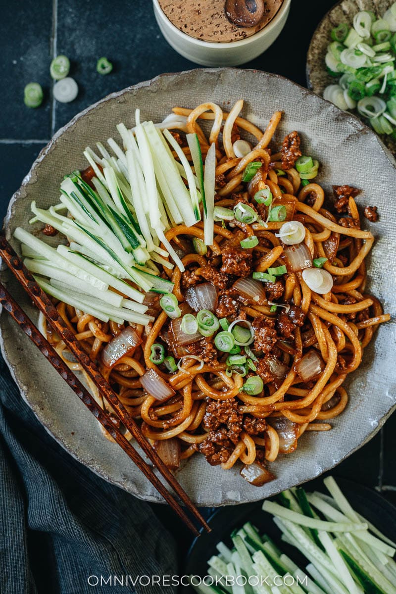 Homemade zha jiang mian topped with cucumber