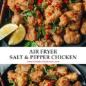 A super easy and fast air fryer salt and pepper chicken recipe that creates extra crispy chicken bites coated in a delicious pepper salt without making a mess. It takes no time to put together and tastes just as good as deep-fried! {Gluten-Free}