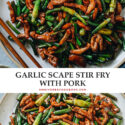 Garlic scape stir fry with pork is a Chinese homestyle dish that helps you incorporate garlic scapes into your weekday dinner. The crisp garlic scapes are cooked with tender pork in a brown sauce that’s just enough to coat the ingredients. It’s fragrant, rich, and comforting, making it a hearty main dish over steamed rice. {Gluten-Free Adaptable}