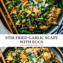 Crisp stir fried garlic scapes with fluffy eggs in a rich, fragrant brown sauce with a hint of sweetness. This recipe shares a super quick and easy way to consume a large amount of garlic scapes. {Vegetarian, Gluten-Free Adaptable}
