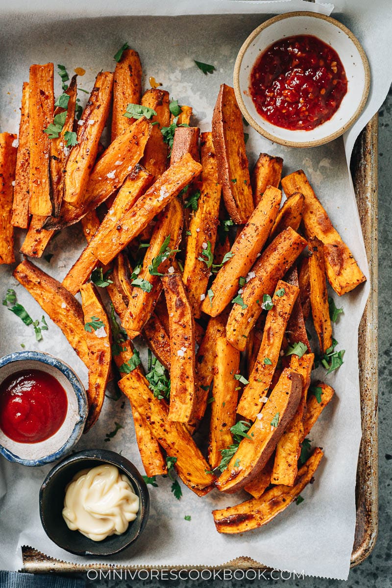 Air fryer sweet potato fries on a tray