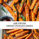 A super easy air fryer sweet potato fries recipe featuring perfectly cooked fries that are crispy on the outside, tender inside, and enhanced with a savory spice mix. It requires less oil than deep frying and tastes so good! {Vegan, Gluten-Free}