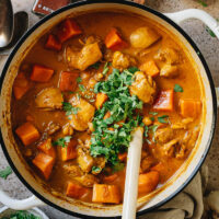 A super quick chicken sweet potato curry that features juicy chicken braised with tender sweet potatoes and chickpeas in a coconut curry. It is extremely easy to put together and tastes so hearty - perfect for a busy weekday dinner or meal prep. {Gluten-Free}