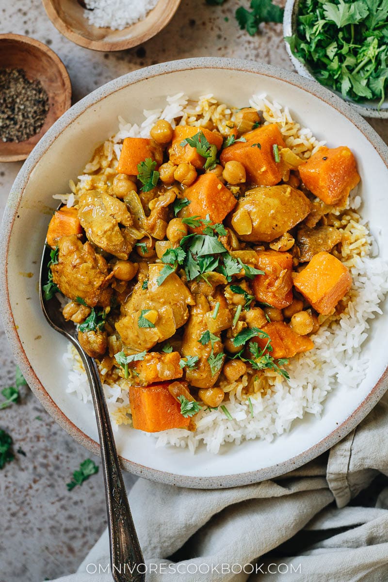 Chicken sweet potato curry served with rice