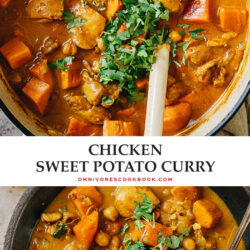 A super quick chicken sweet potato curry that features juicy chicken braised with tender sweet potatoes and chickpeas in a coconut curry. It is extremely easy to put together and tastes so hearty - perfect for a busy weekday dinner or meal prep. {Gluten-Free}