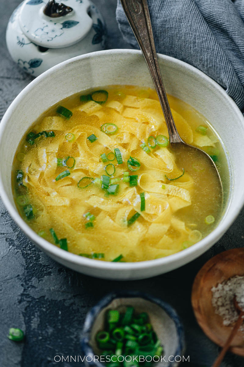Plant-based egg drop soup made with yuba sheet