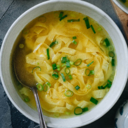 Vegan egg drop soup is made with plant-based ingredients and preserves all the character of the original version. The tender yuba sheets mimic the egg ribbons, and swim in a gingery savory soup that has a lovely bright yellow color. It’s a dish that takes no time to put together and is a comforting addition to the dinner table. {Vegan, Gluten-Free}