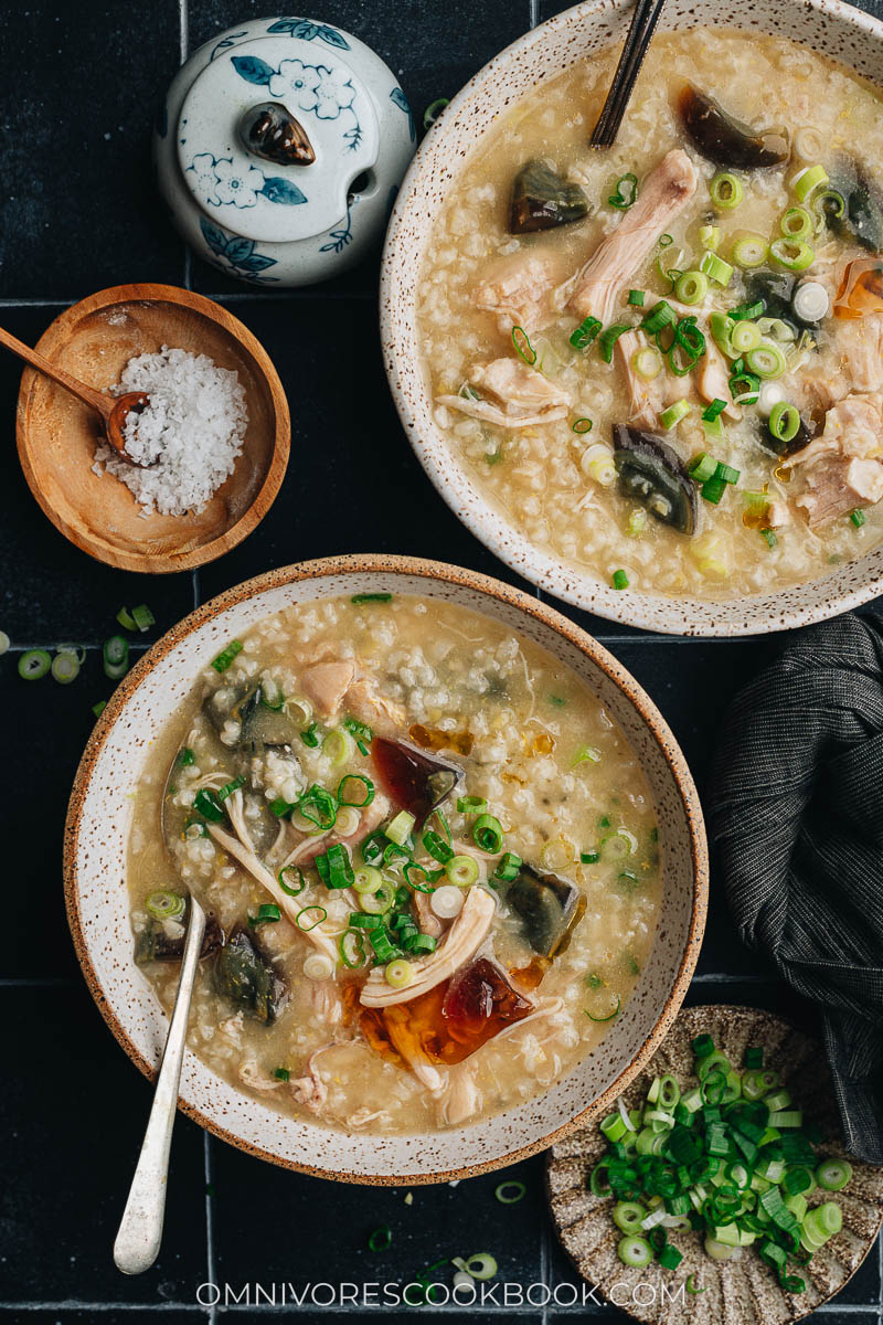 Homemade century egg congee with chicken close-up