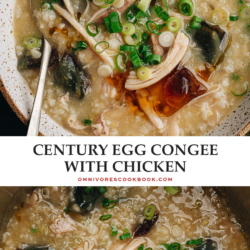 Classic century egg congee made in the Instant pot to get extra creamy congee with tender chicken with just 5 minutes prep. A stovetop version is included as well. {Gluten-Free adaptable}
