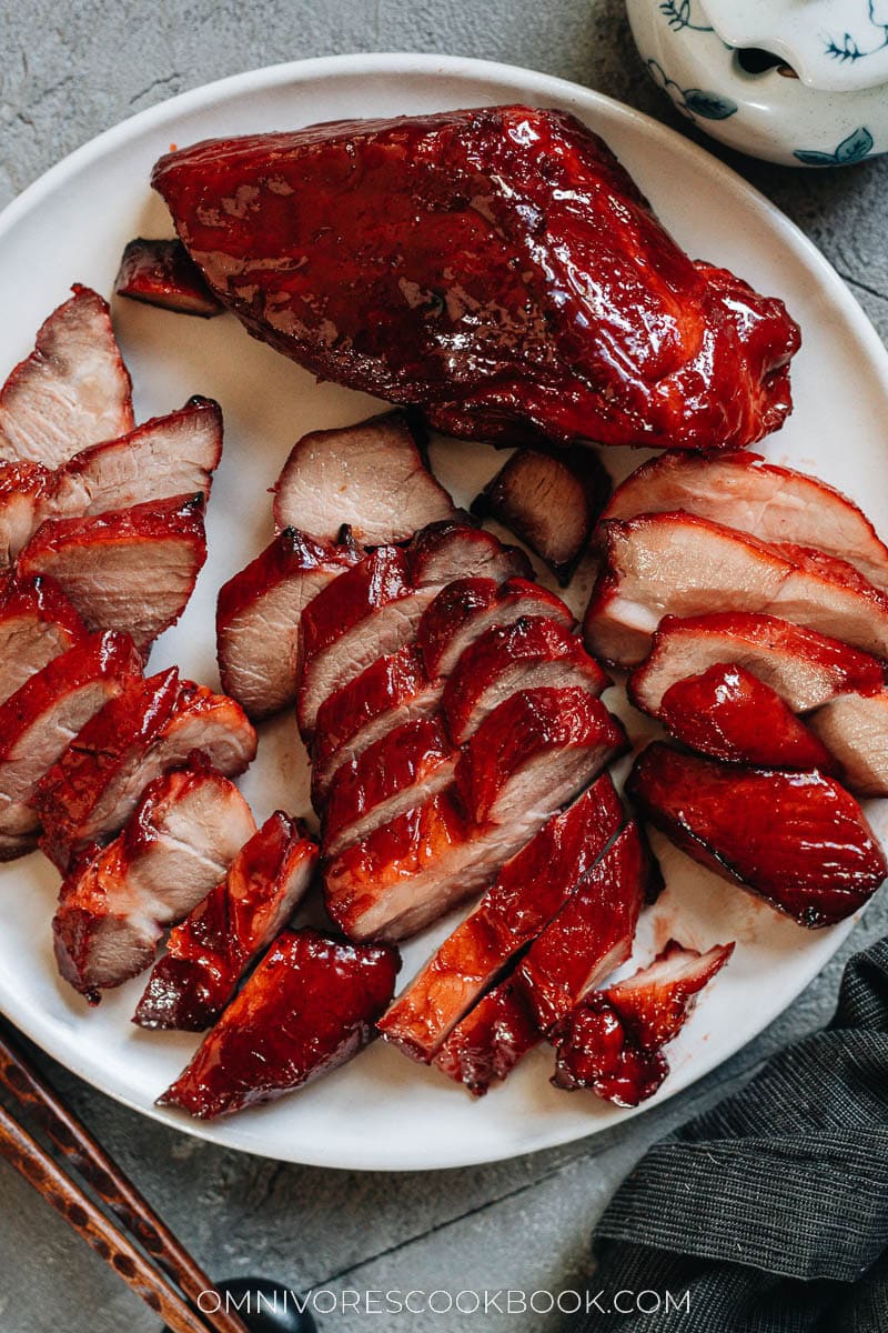 Carved air fryer char siu pork in a platter close up