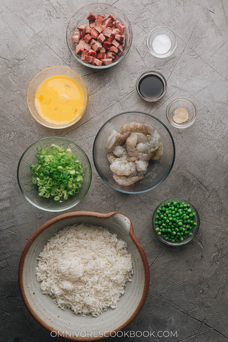 Ingredients for making Yang zhou fried rice